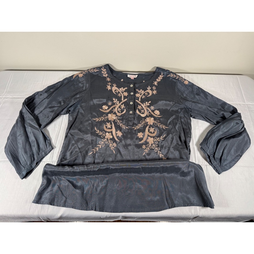 Luv Luv LS Charcoal Grey Embroidered Floral Henley Tunic Top XL Boho Rose Gold